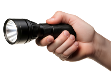 Hand Holding a Flashlight Illuminating in a Grip on White Background
