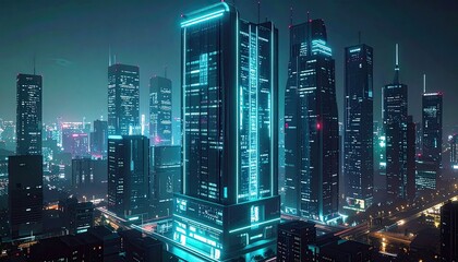 Cyberpunk Cityscape Neon Skyscrapers at Night.