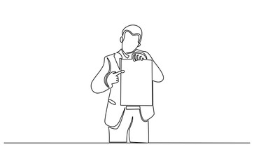 Continuous one line drawing of Young man holding paper poster. Single line drawing illustration of Businessman showing copy space. Blank space concept vector art. Doodle line illustration.