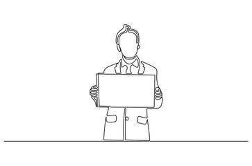 Continuous one line drawing of Young man holding paper poster. Single line drawing illustration of Businessman showing copy space. Blank space concept vector art. Doodle line illustration.