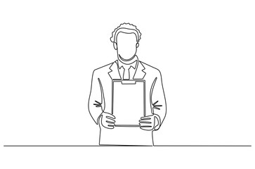 Continuous one line drawing of Young man holding paper poster. Single line drawing illustration of Businessman showing copy space. Blank space concept vector art. Doodle line illustration.