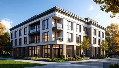 Fototapeta premium Elegant Urban Living Modern Apartment Building in Autumn.