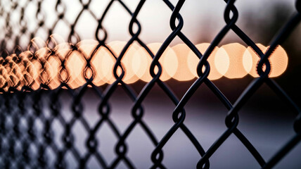 Naklejka premium Close-Up of Black Chain-Link Fence with Bokeh Background