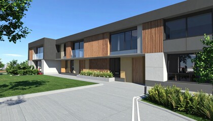 Modern Townhouses Wood and Grey Facade in Sunny Suburbia.