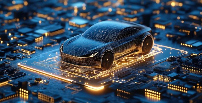 Futuristic sleek car model integrated on a glowing circuit board surrounded by electronic components, symbolizing advanced automotive technology and innovation