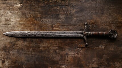 Sword displayed on rustic wooden surface