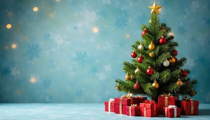 A beautifully decorated Christmas tree with presents underneath , december, festive, decoration