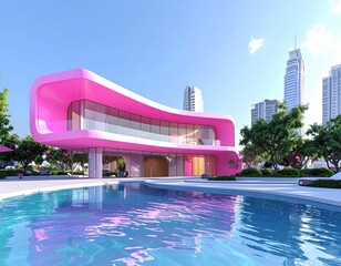 Naklejka premium Pink Dream Home Modern Architecture by Poolside in City.