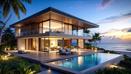Coastal Luxury Modern Beach House at Sunset with Infinity Pool.
