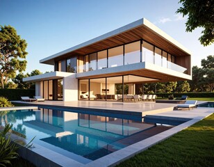 Modern villa by pool reflects luxury with design  calm in sunny locale.