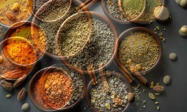 Assorted spices in bowls overhead view