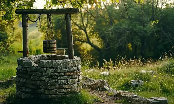 Historic Stone Water Well with Wooden Bucket in a Tranquil Countryside Setting