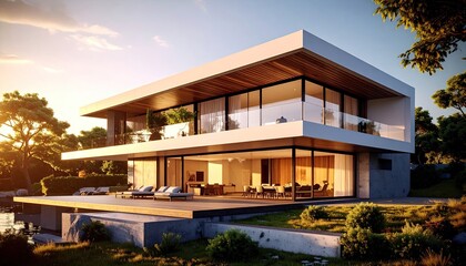 Obraz premium Modern Lakeside Dream Home at Sunset.
