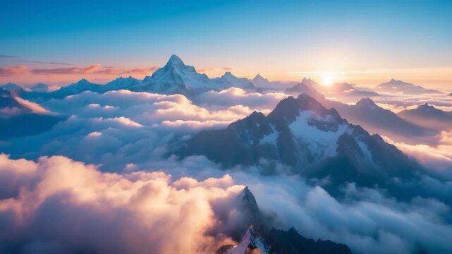 Mountain peaks at sunrise with a sea of clouds in a panoramic view