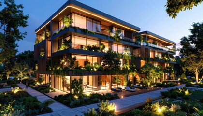 Fototapeta premium Modern Apartments Lush Greenery Serene Evening Ambience.