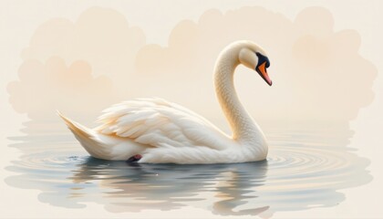 Obraz premium Elegant White Swan Swimming Gracefully on Calm Water with Soft Pastel Background and Gentle Ripples