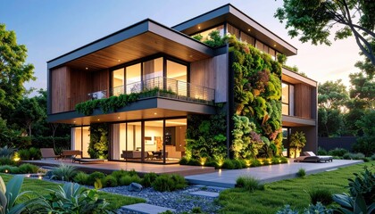 Fototapeta premium Modern Green Oasis Luxury Home with Vertical Garden at Dusk. (1)