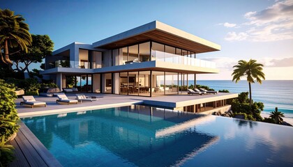 Fototapeta premium Oceanfront Dream Home Infinity Pool Modern Architecture.