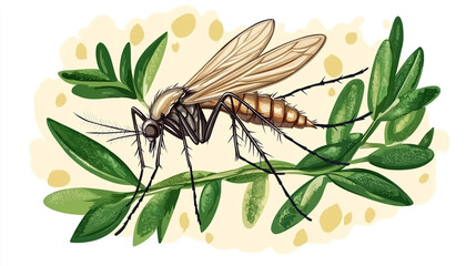 A Chicongunia mosquito sitting on green leafy branch close view isolated