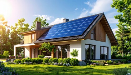 Obraz premium Modern Home with Solar Panels, Green Energy, and Residential Sustainable Living.