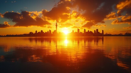 Stunning Sunset Over Urban Skyline with Reflective Water and Colorful Clouds