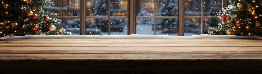 Naklejka premium Wooden tabletop with winter window view.