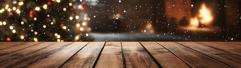 Rustic wooden table surface, illuminated by festive lights.