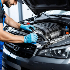 Fototapeta premium Automobile mechanic repairman hands repairing a car engine automotive workshop with a wrench, car service and maintenance,Repair service.