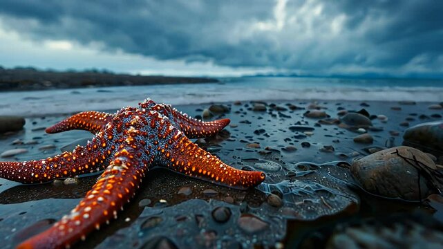 A vibrant red starfish perched on wet rocks by the ocean shore.