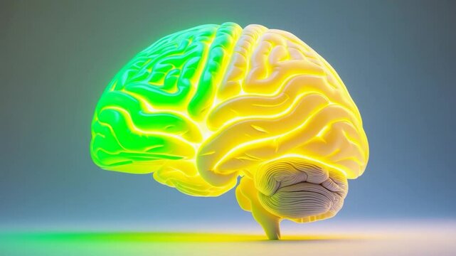 Ai diagram of the human brain featuring the transverse temporal gyri, anterior in green and posterior in yellow, responsible for auditory processing and language comprehension.