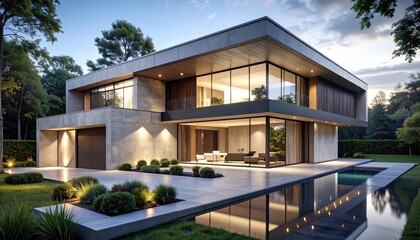 Fototapeta premium Modern dream home with pool at dusk Luxury living in nature.