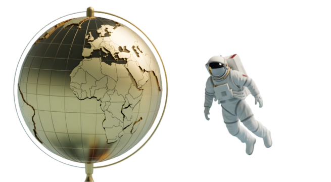 Astronaut Floating Near a Golden Globe Earth Model