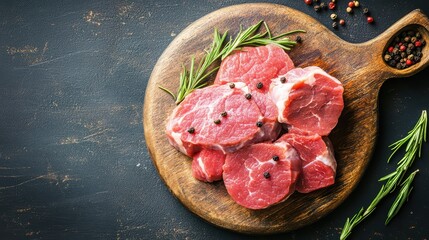 Fresh cuts of meat prepared on a wooden board