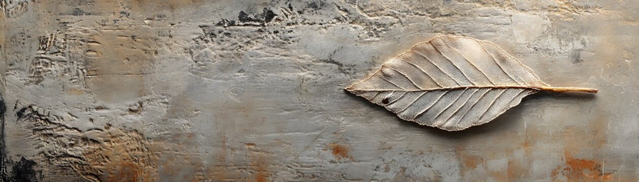 Textural artwork of a fossilized leaf on a stone surface.