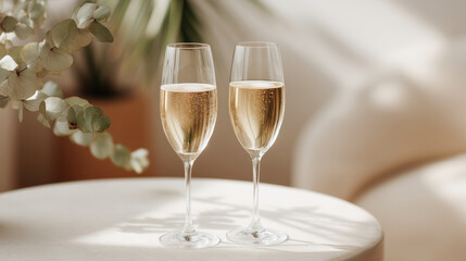 Glasses of sparkling wine on a coffe table  