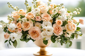 Obraz premium Luxurious floral arrangement with delicate pink and white flowers in a gold vase.