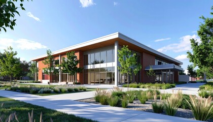 Modern Business Hub Elegant architecture with landscape, and day view.