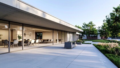 Obraz premium Modern office building exterior with outdoor seating and green landscape.