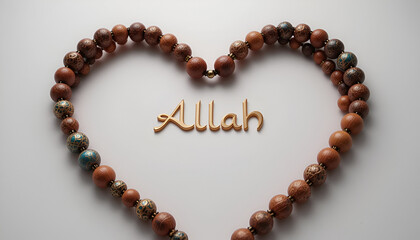 Obraz premium 3D render of prayer beads (tasbeeh) arranged in a heart shape with 'Allah' inscribed, concept of devotion and dhikr 
