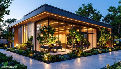 Fototapeta premium Modern Glass House Illuminated Dining and Lush Garden Evening View.