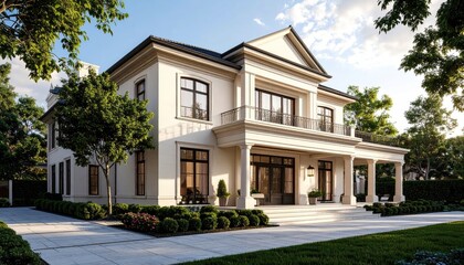 Elegant White Villa Luxury Living Amidst Greenery.