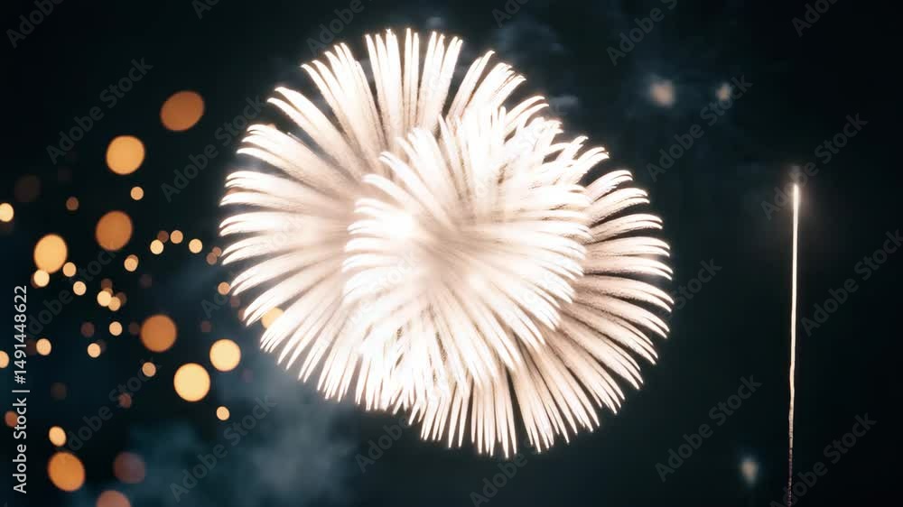 Poster bokeh and fireworks form a cheerful setting.