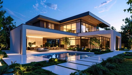 Fototapeta premium Modern Dream Home Poolside Luxury at Dusk. (1)
