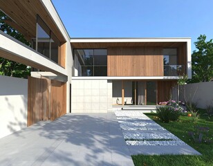 Modern Home Facade Sleek Design with Stone Path, and Blue Sky.