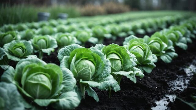 Rows of young cabbage and leafy green annual vegetable crops in a local garden, surrounded by damp soil and other plants.