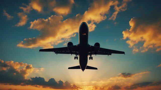 Outline of an aircraft approaching land. Beautiful sky.