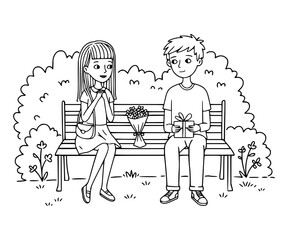 Teen couple on a first date. A young couple sitting on a bench in a park