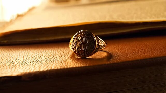 Close-up of a vintage golden ring featuring an ornate monogram on an old, leather-bound book with aged pages in soft, warm light.