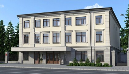 Fototapeta premium Elegant Facade Classic Building with Detailed Trim and Serene Backdrop.