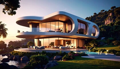 Fototapeta premium Futuristic Villa Coastal Luxury Estate at Sunset.